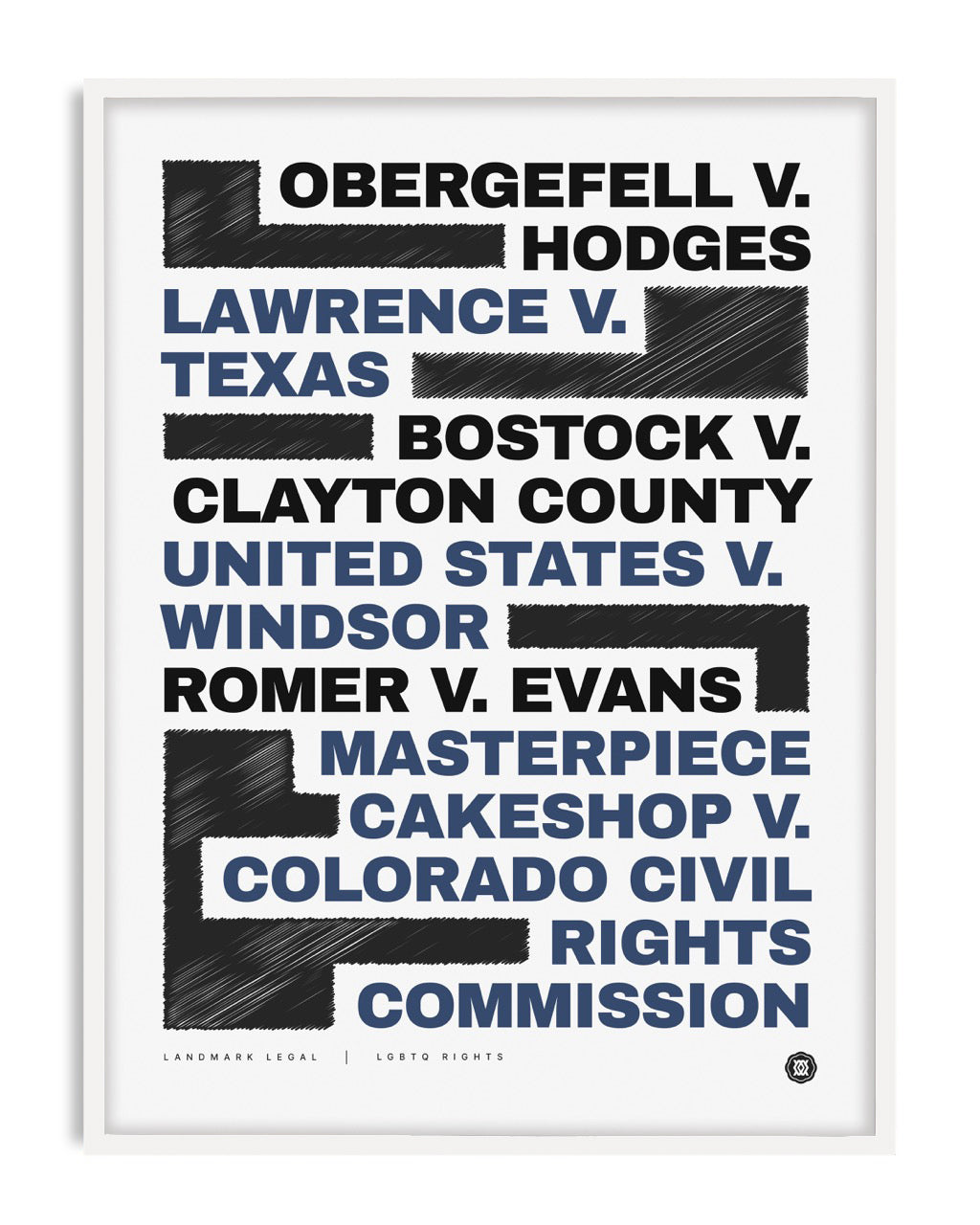 White-framed LGBTQ rights art print listing landmark court cases in black and blue typography.