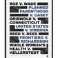 Black-framed women's rights artwork listing landmark legal cases in bold black and blue type with scribbled blocks.