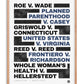 Oak-framed women's rights artwork listing landmark legal cases in bold black and blue type with scribbled blocks.