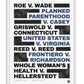 White-framed women's rights artwork listing landmark legal cases in bold black and blue type with scribbled blocks.