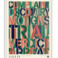 White-framed legal-themed artwork with layered green, coral, navy, and cream typography.
