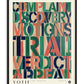 Black-framed legal-themed artwork with layered green, coral, navy, and cream words including complaint, discovery, motions, trial, verdict, and appeal.