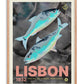 Oak-framed Lisbon 1932 artwork featuring two iridescent fish on a dark gray background.