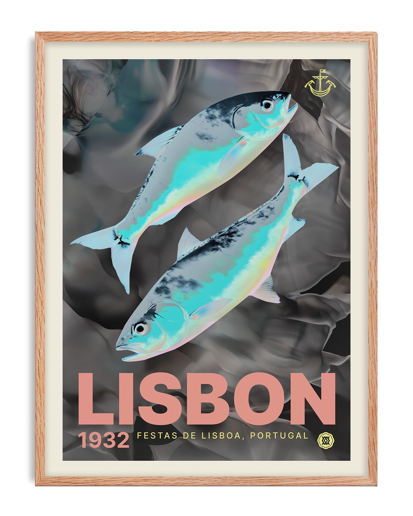 Oak-framed Lisbon 1932 artwork featuring two iridescent fish on a dark gray background.