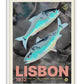 White-framed Lisbon 1932 artwork featuring two iridescent fish on a dark gray background.