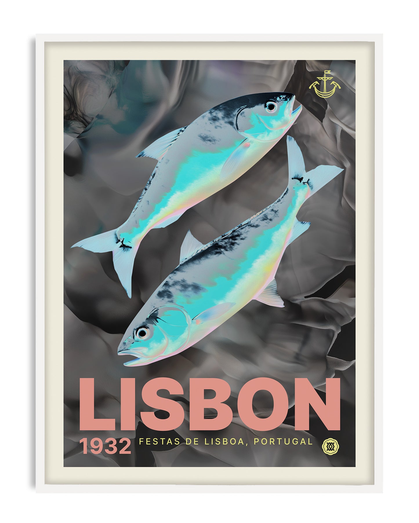 White-framed Lisbon 1932 artwork featuring two iridescent fish on a dark gray background.