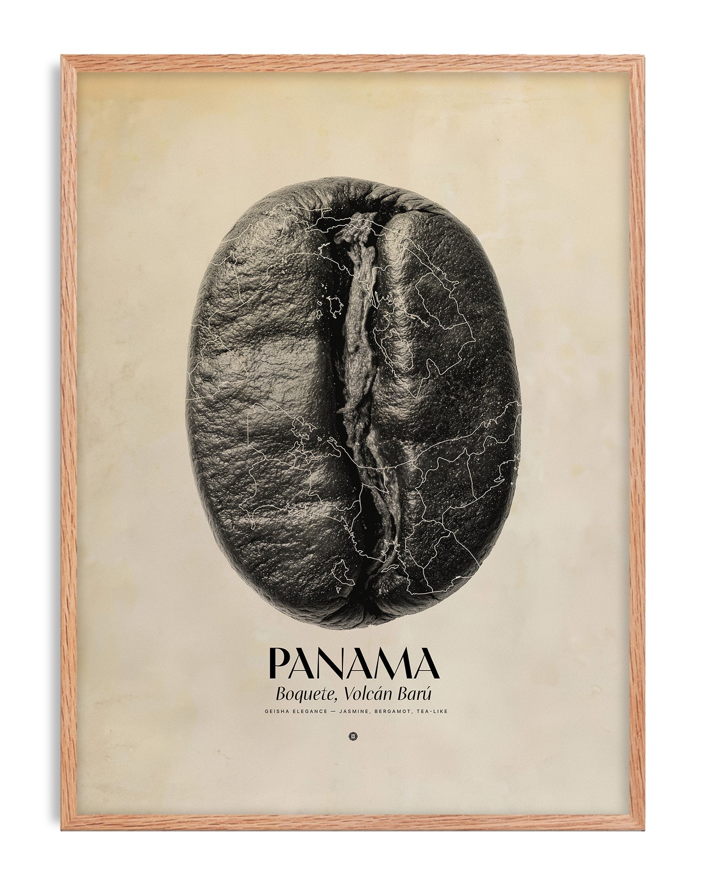 Oak-framed Panama Boquete art print featuring a black coffee bean with map outlines.