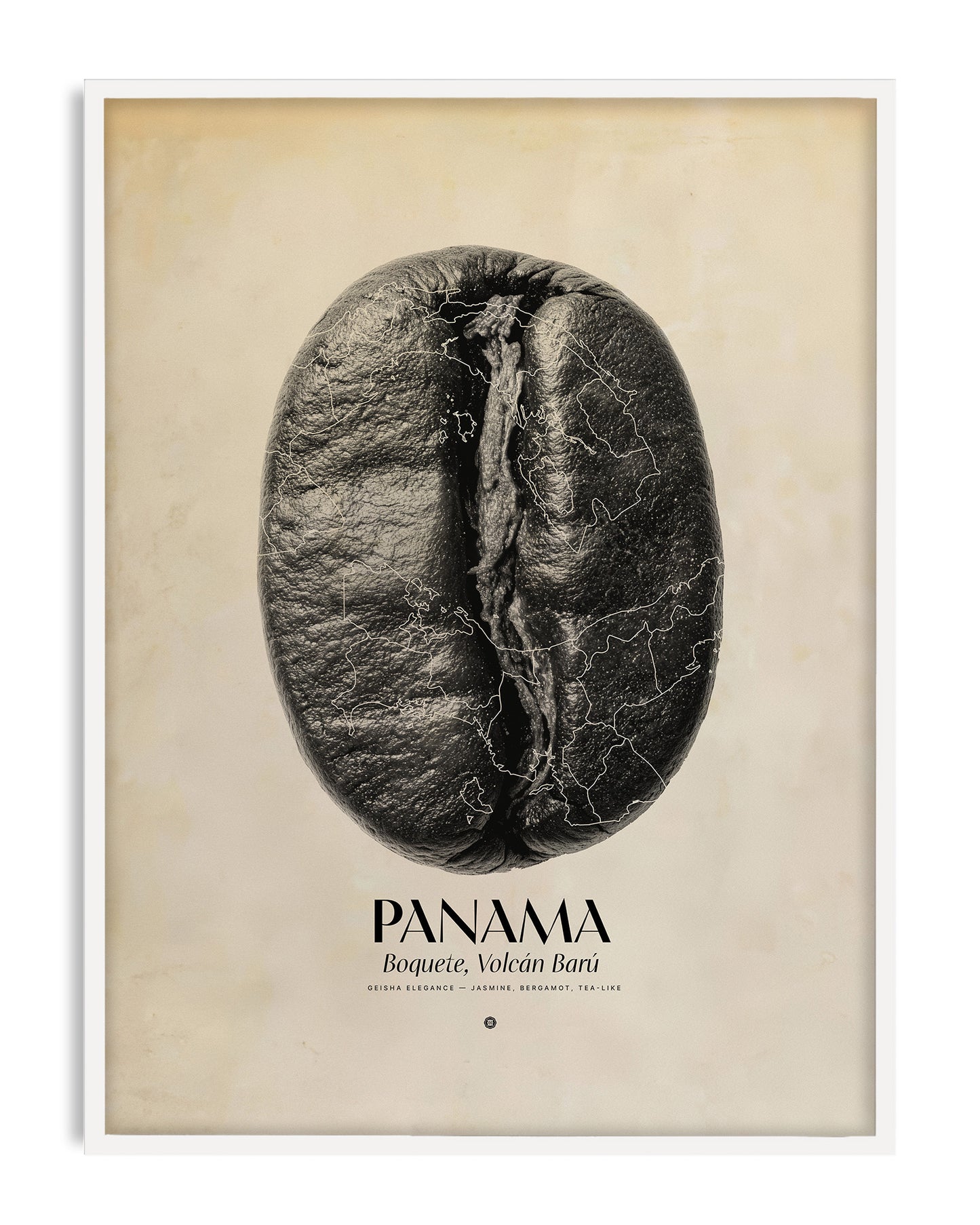 White-framed Panama Boquete art print featuring a black coffee bean with map outlines.