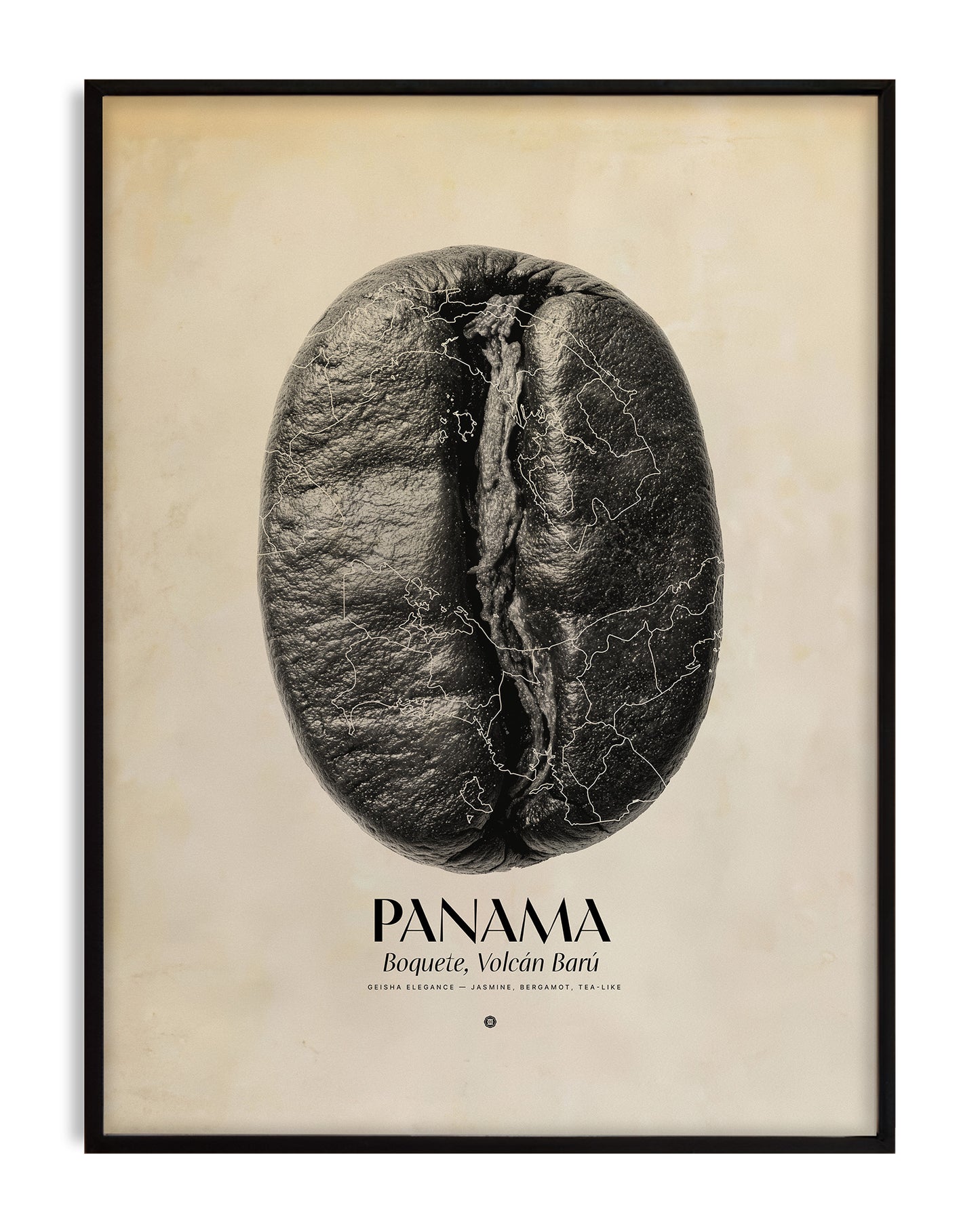 Black-framed Panama Boquete coffee bean art print with map outlines on a cream background.