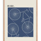Oak-framed RIDE. artwork with white line drawings of bicycles and wheels on a blue background.