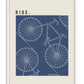 White-framed blue and cream bicycle pattern art print with the word “RIDE.”