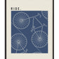 Black-framed RIDE. artwork with white line drawings of bicycles and wheels on a blue background.