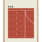 Oak-framed Run artwork with a terracotta running track, lanes numbered 1 through 5, and a curved cream line.
