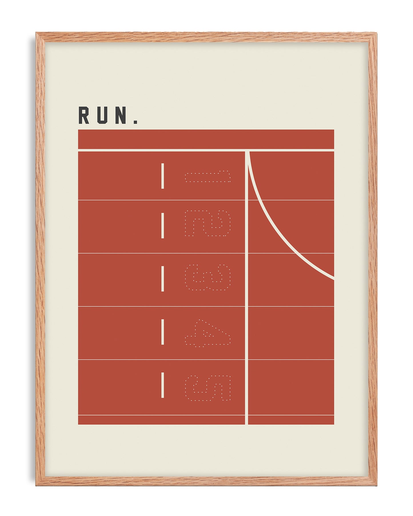 Oak-framed Run artwork with a terracotta running track, lanes numbered 1 through 5, and a curved cream line.
