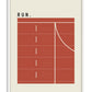 White-framed Run artwork with a terracotta running track, lanes numbered 1 through 5, and a curved cream line.