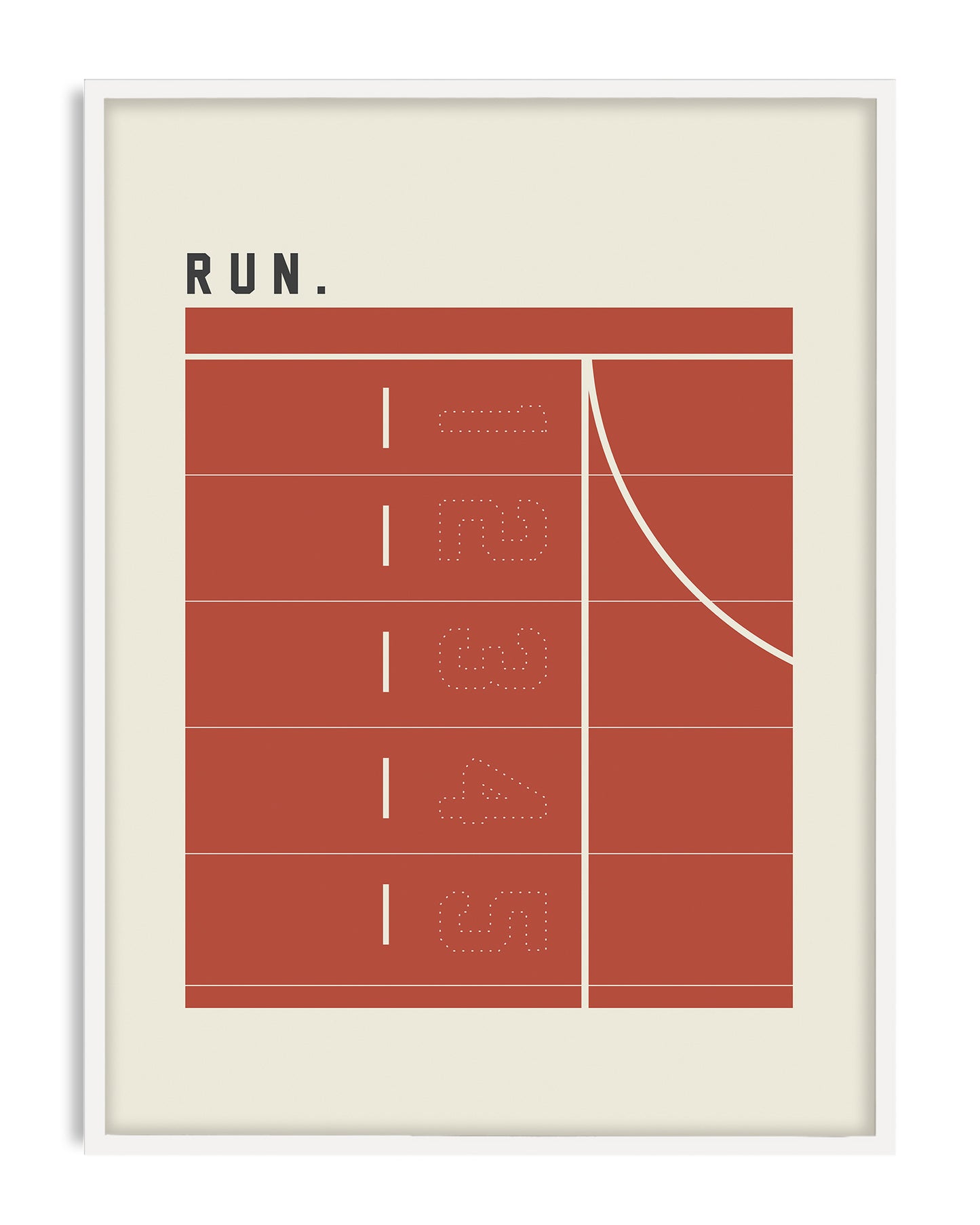 White-framed Run artwork with a terracotta running track, lanes numbered 1 through 5, and a curved cream line.