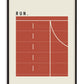 Black-framed Run artwork with a terracotta running track, lanes numbered 1 through 5, and a curved white line on a cream background.