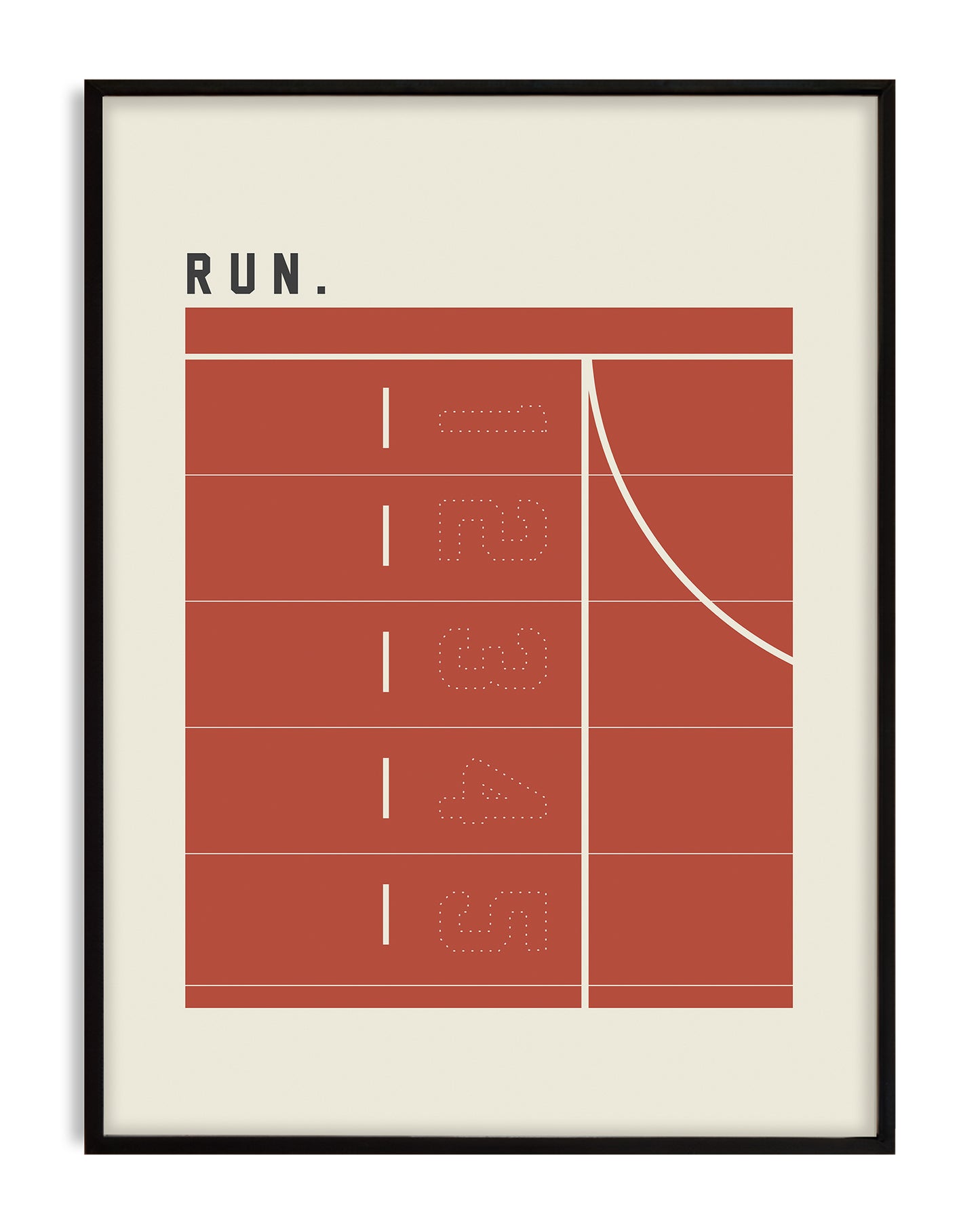 Black-framed Run artwork with a terracotta running track, lanes numbered 1 through 5, and a curved white line on a cream background.
