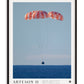 Black-framed Artemis II art print showing the Orion capsule descending beneath three parachutes over the ocean.