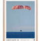 Oak-framed Artemis II art print showing the Orion capsule descending beneath three parachutes over the ocean.