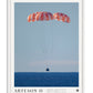 White-framed Artemis II art print showing the Orion capsule descending beneath three parachutes over the ocean.