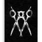 White-framed black and white artwork of three overlapping scissors on a textured black background.