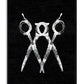 Black-framed black and white artwork of three overlapping scissors on a textured black background.