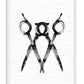White-framed monochrome artwork of three overlapping scissors with circular handles.