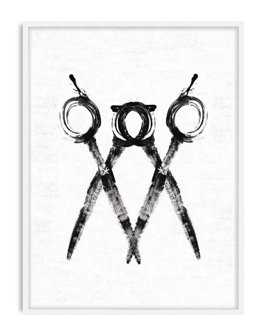 White-framed monochrome artwork of three overlapping scissors with circular handles.