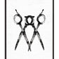 Black-framed monochrome artwork of three overlapping scissors with circular handles.