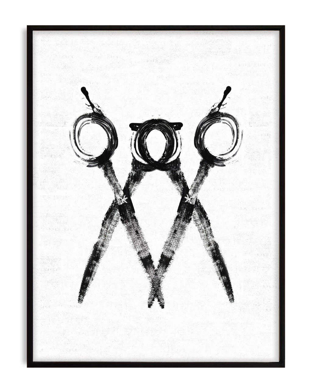 Black-framed monochrome artwork of three overlapping scissors with circular handles.