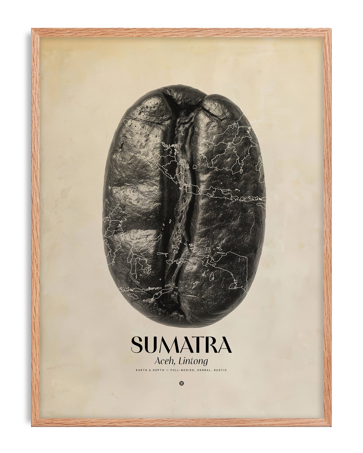 Oak-framed Sumatra Aceh, Lintong art print featuring a black coffee bean with map outlines.