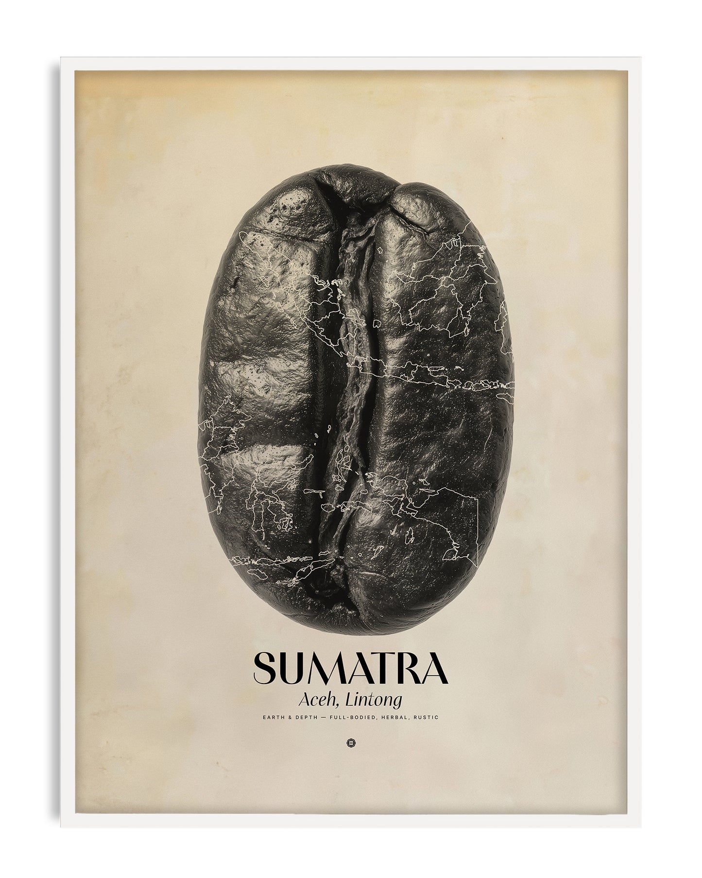 White-framed Sumatra Aceh, Lintong art print featuring a black coffee bean with map outlines.