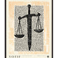 Black-framed Sword & Scales artwork featuring a black sword and hanging scales over dense marks with an orange dotted border.