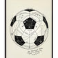 Black-framed artwork diagramming the 1930 World Cup opening match as a soccer ball with labeled tactical paths.