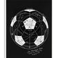 White-framed black artwork featuring a white technical soccer ball diagram and handwritten text about the 1930 World Cup opening day.