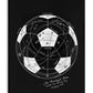 Black-framed artwork featuring a white technical soccer ball diagram and the handwritten text “The Beautiful Game, World Cup Opening Day, Uruguay 1930” on black.
