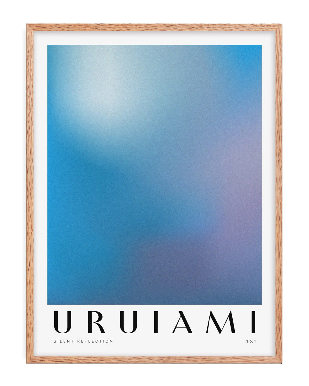 Oak-framed Silent Reflection No.1 art print with a soft blue and lavender gradient and URUIAMI lettering.