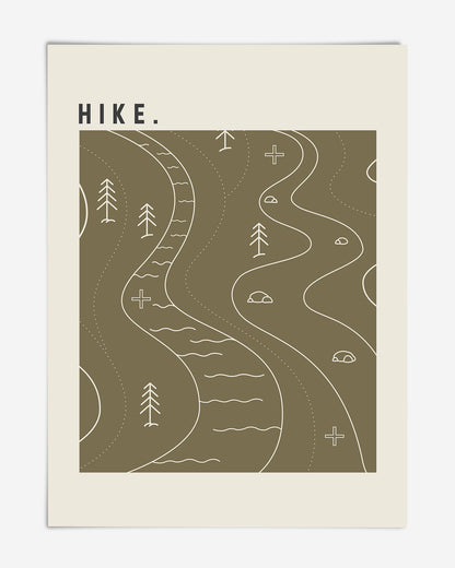 Unframed HIKE. artwork with white winding trails, streams, trees, rocks, and map symbols on olive green.