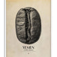 White-framed Yemen Mokha Haraaz art print featuring an oversized black coffee bean with fine map outlines on a warm cream background.