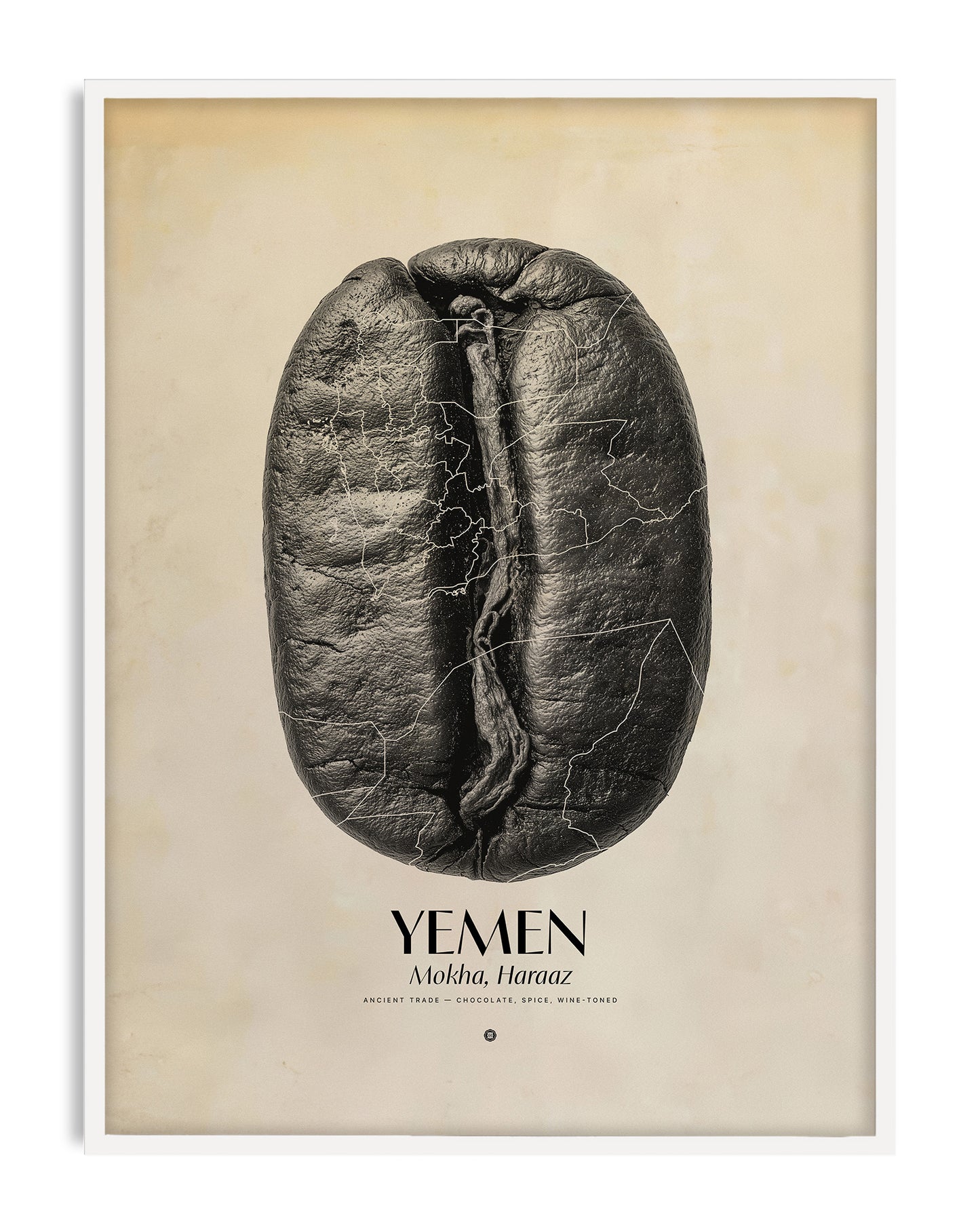 White-framed Yemen Mokha Haraaz art print featuring an oversized black coffee bean with fine map outlines on a warm cream background.