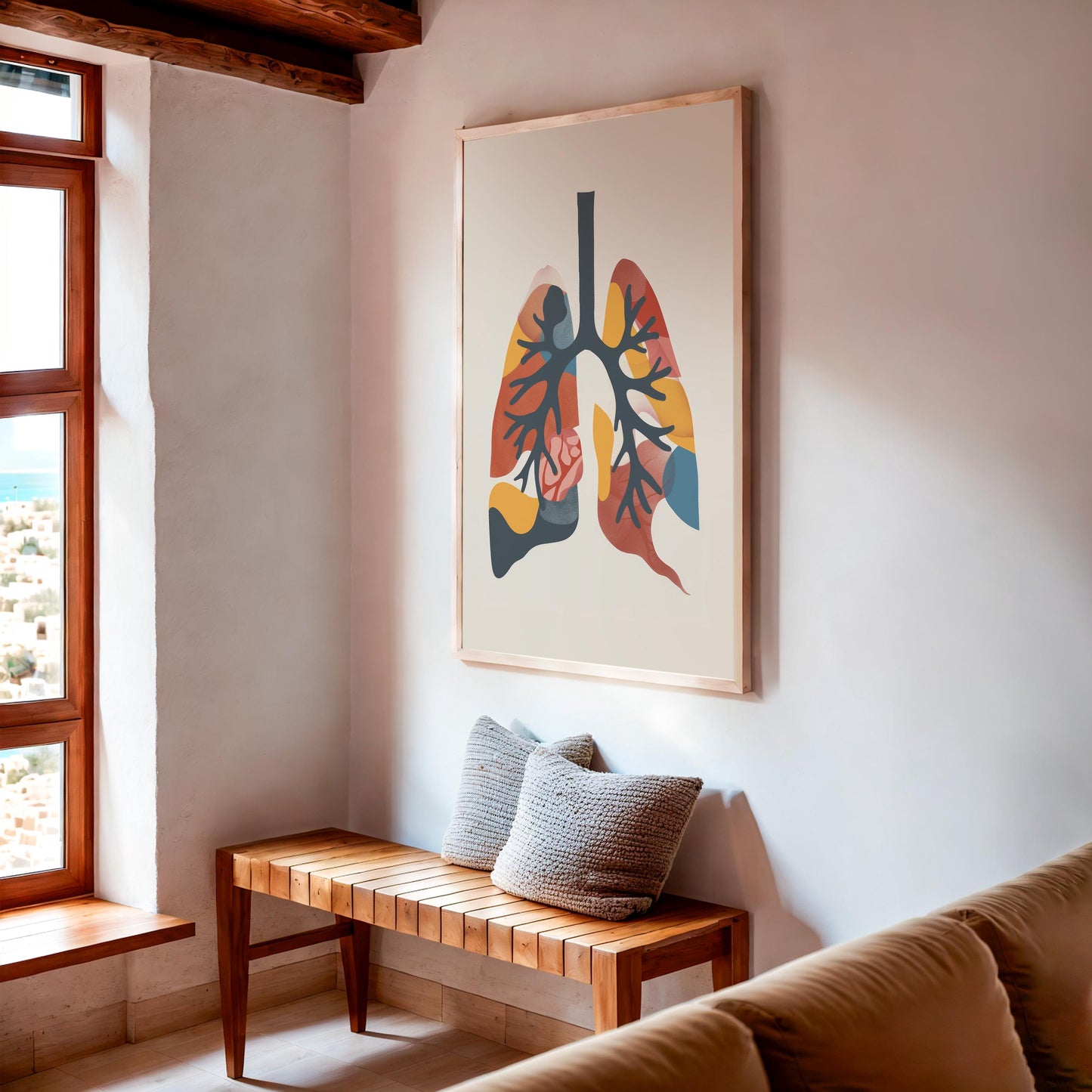 Framed abstract human lungs on entryway wall