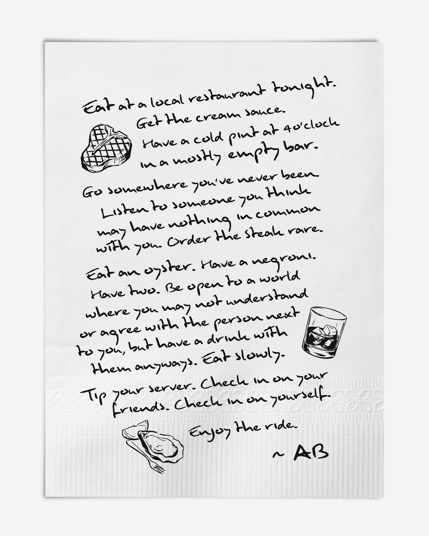 Unframed handwritten dining advice art print with steak, drink, and oyster illustrations on white.