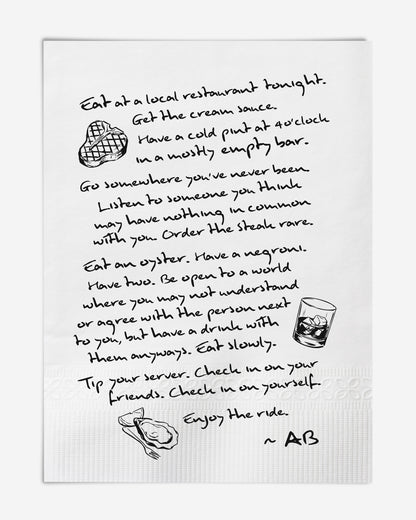 Unframed handwritten dining advice art print with steak, drink, and oyster illustrations on white.