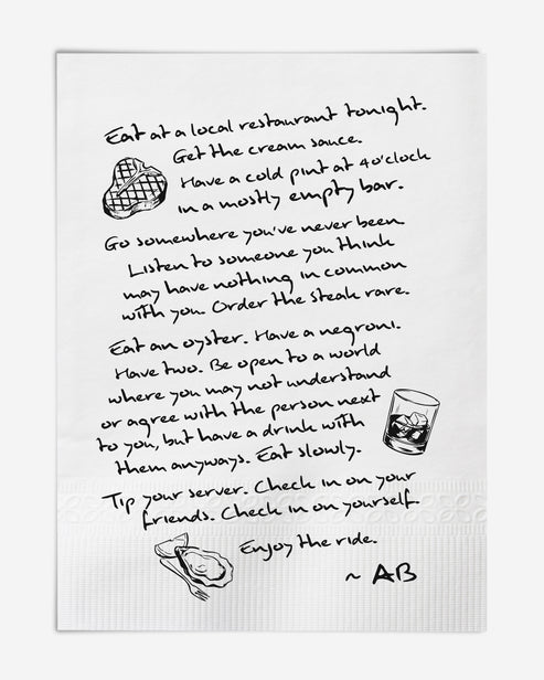 Unframed handwritten dining advice art print with steak, drink, and oyster illustrations on white.