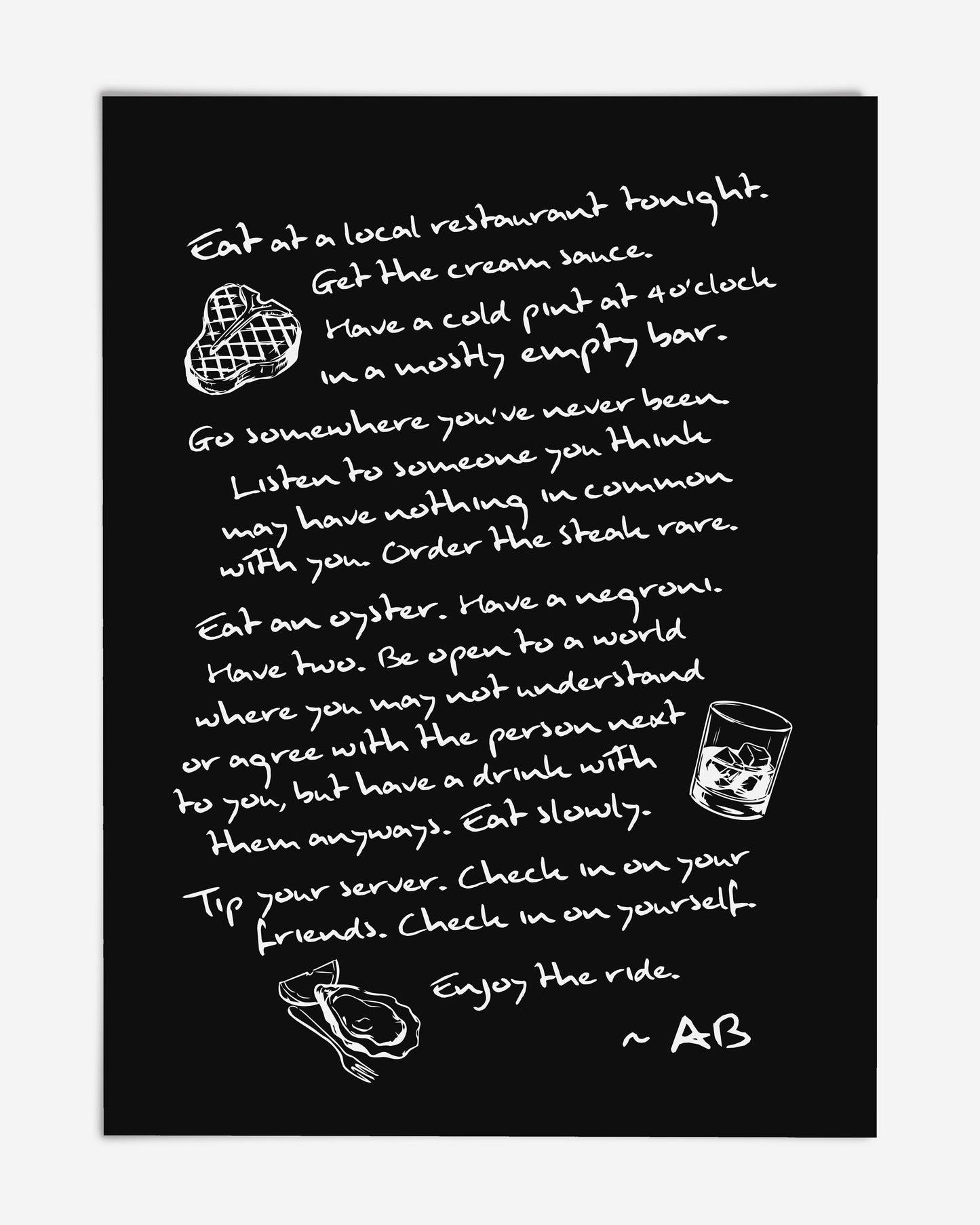 Unframed black artwork with handwritten dining reflections and drawings of steak, a drink, and an oyster.