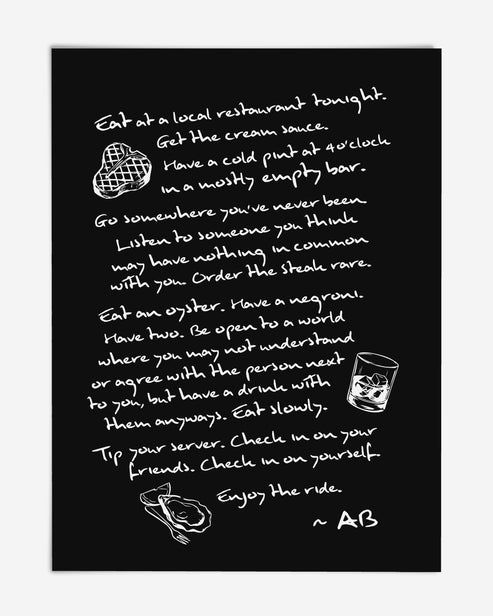 Unframed black artwork with handwritten dining reflections and drawings of steak, a drink, and an oyster.