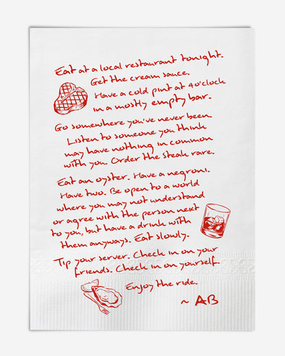 Unframed art print featuring red handwritten dining advice with illustrations of steak, a drink, and an oyster.