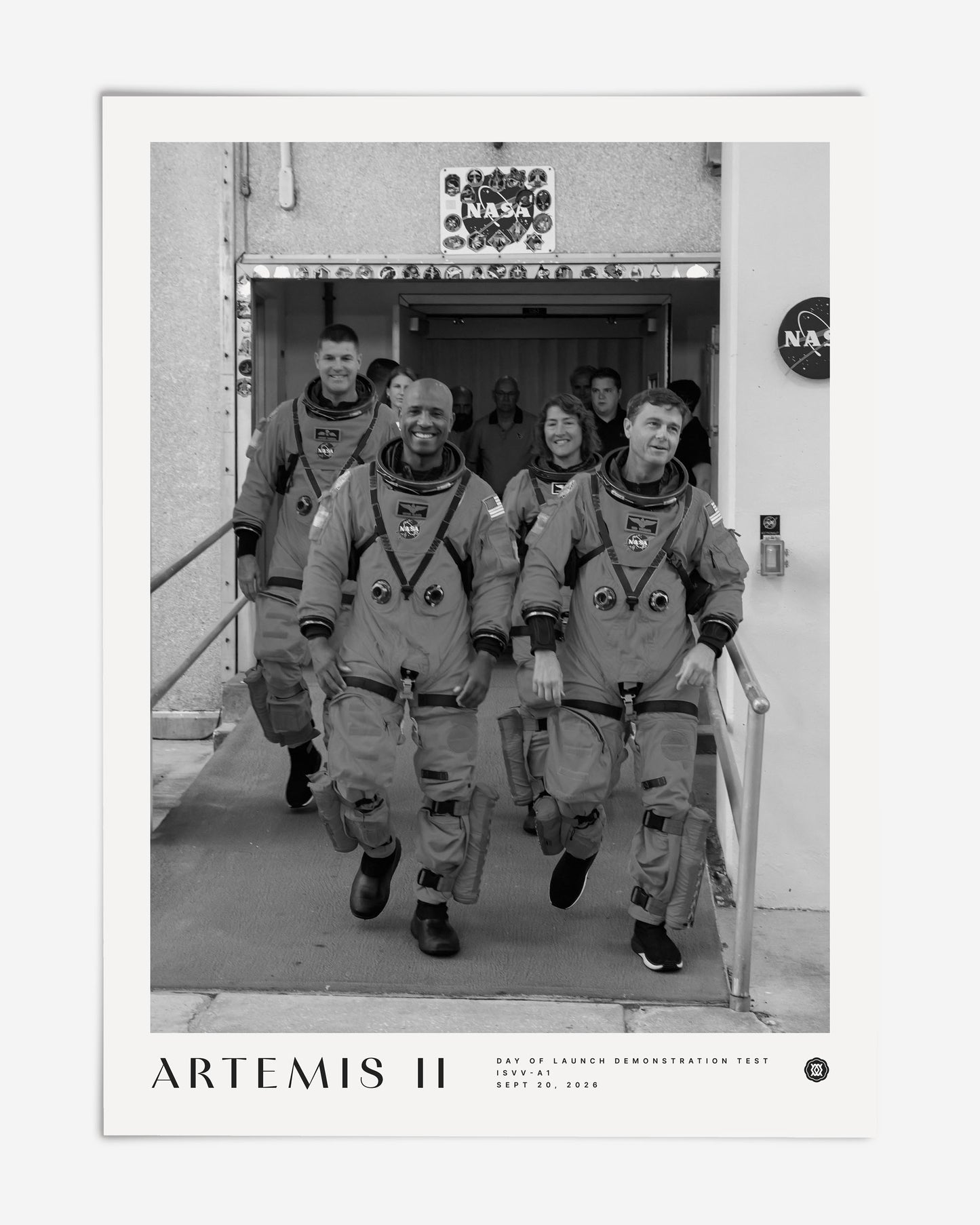 Unframed Artemis II crew art print featuring four astronauts in spacesuits walking out of a NASA building.