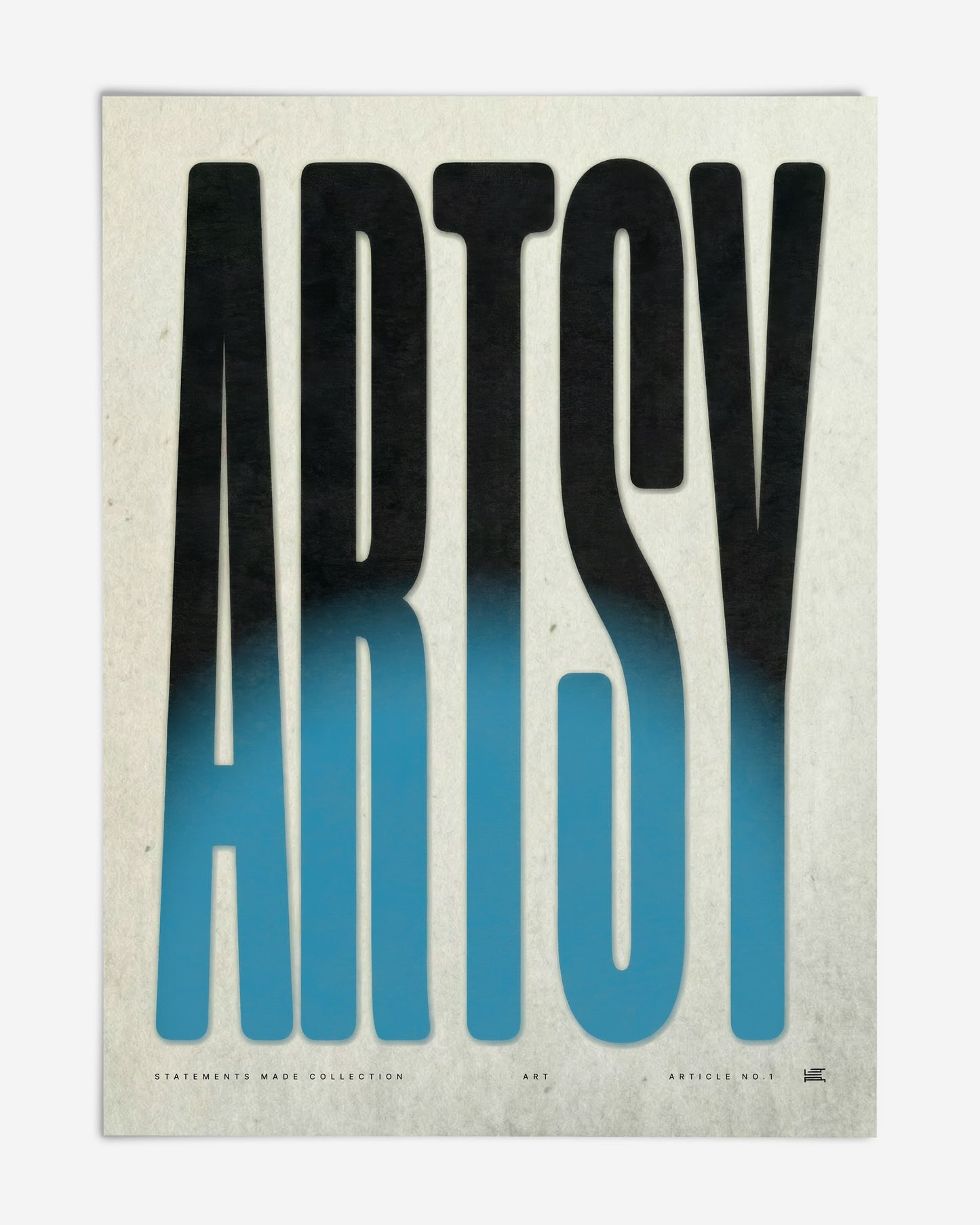 Unframed Artsy art print with oversized elongated black letters fading into bright blue on textured cream paper.